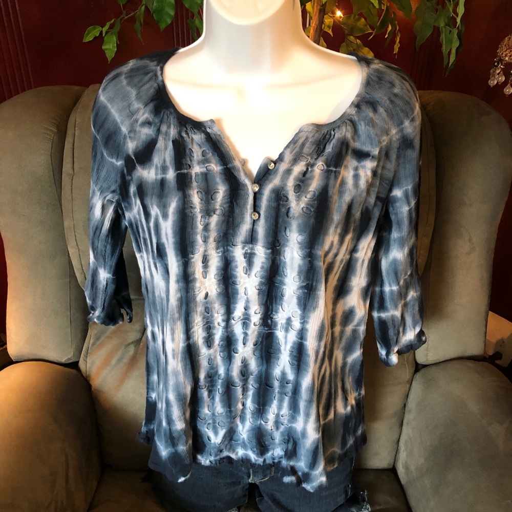 Studio Works Blue & White Tie Dye 3/4 Length Top